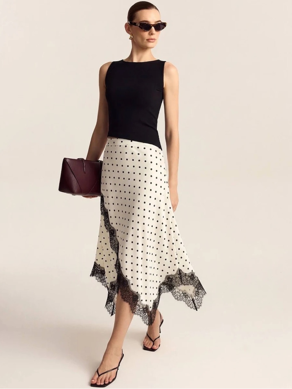 Commense 🖤 Polka Dot Asymmetric Midi Skirt w/ Black Lace Trim
